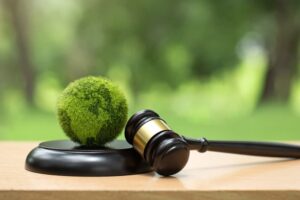 Green World and gavel with scales of justice on a green background. Environment Law.